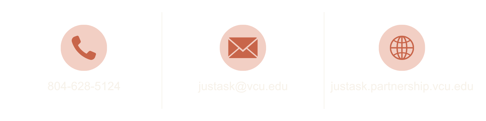 A contact information banner displaying three ways to connect with the Just Ask Parent & Provider Resource Line. The banner includes a phone icon with the phone number 804-628-5124, an envelope icon with the email address justask@vcu.edu, and a globe icon with the website justask.partnership.vcu.edu. Vertical dividers separate each contact option for easy navigation.